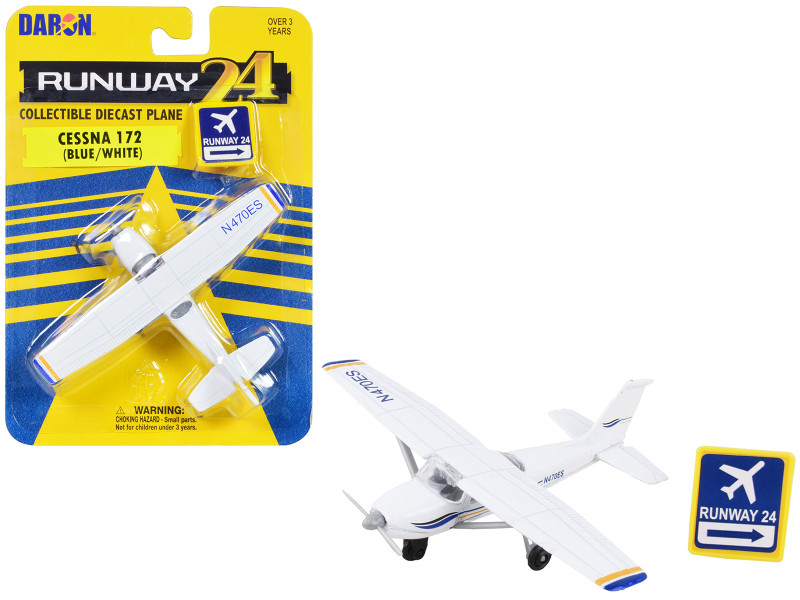 Cessna 172 Aircraft White with Blue and Yellow Stripes N470ES with Runway 24 Sign Diecast Model Airplane Runway24 RW805