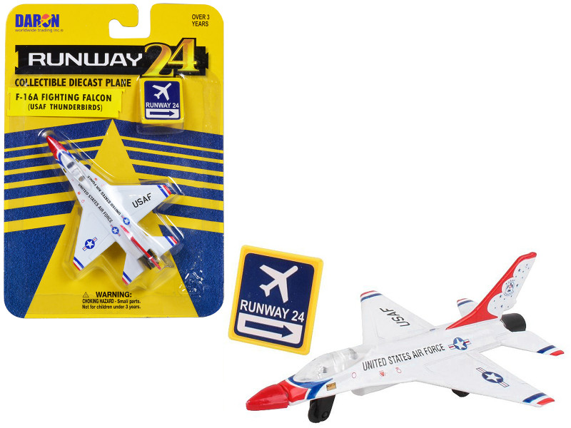 General Dynamics F 16 Fighting Falcon Fighter Aircraft White United States Air Force Thunderbirds with Runway 24 Sign Diecast Model Airplane Runway24 RW815
