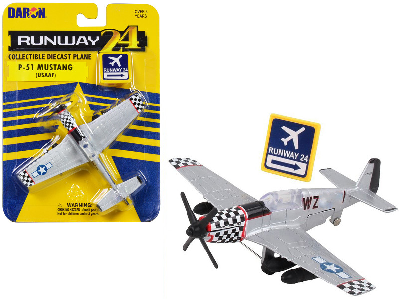 North American P 51 Mustang Fighter Aircraft Silver Metallic United States Army Air Force with Runway 24 Sign Diecast Model Airplane Runway24 RW820