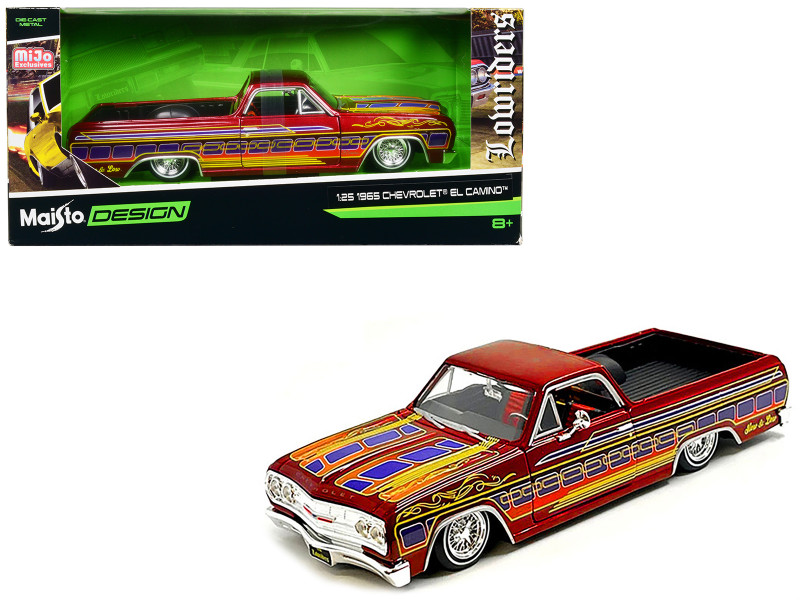 1965 Chevrolet El Camino Lowrider Candy Red Metallic with Graphics Lowriders Series 1/25 Diecast Model Car Maisto 32543CRD