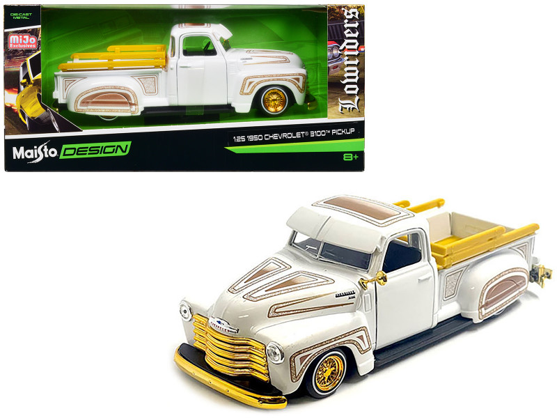 1950 Chevrolet 3100 Pickup Truck Lowrider White with Graphics and Gold Wheels Lowriders Series 1/25 Diecast Model Car Maisto 32545WH