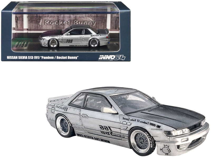 Nissan Silvia S13 V1 RHD Right Hand Drive Silver Metallic with Carbon Hood Pandem Rocket Bunny 1/64 Diecast Model Car Inno Models IN64-S13V1-SIL