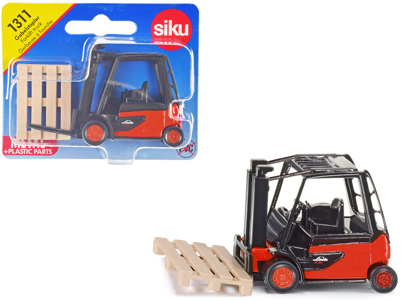 Linde E35 Forklift Truck Red with Black Top with Pallet Accessory Diecast Model Siku 1311