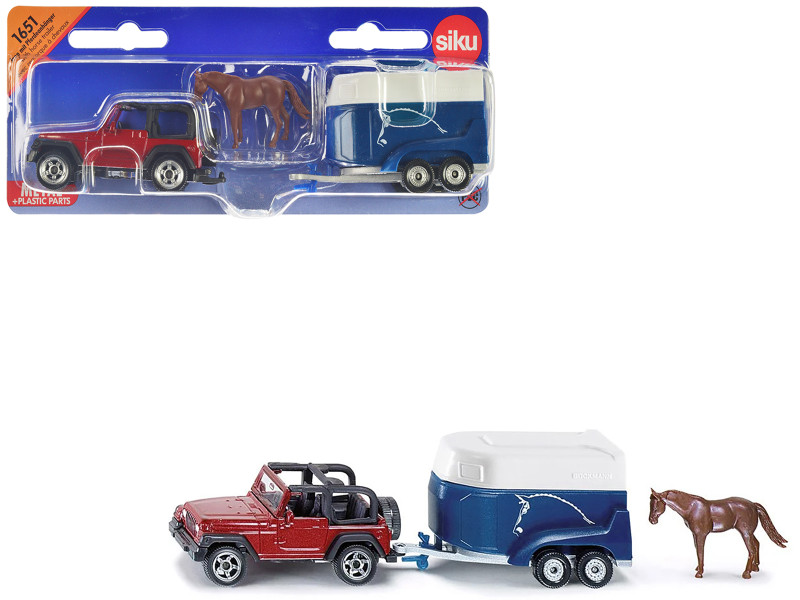 Jeep Red with Horse Trailer Blue and Horse Accessory Diecast Model Siku 1651