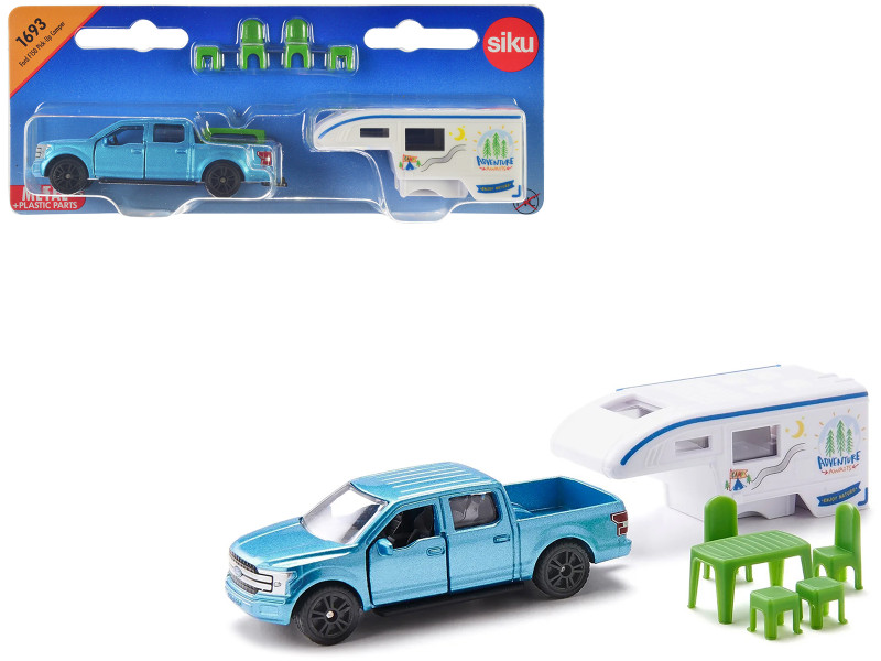 Ford F 150 Pickup Truck Blue Metallic Camper Set with Accessories Diecast Model Siku 1693