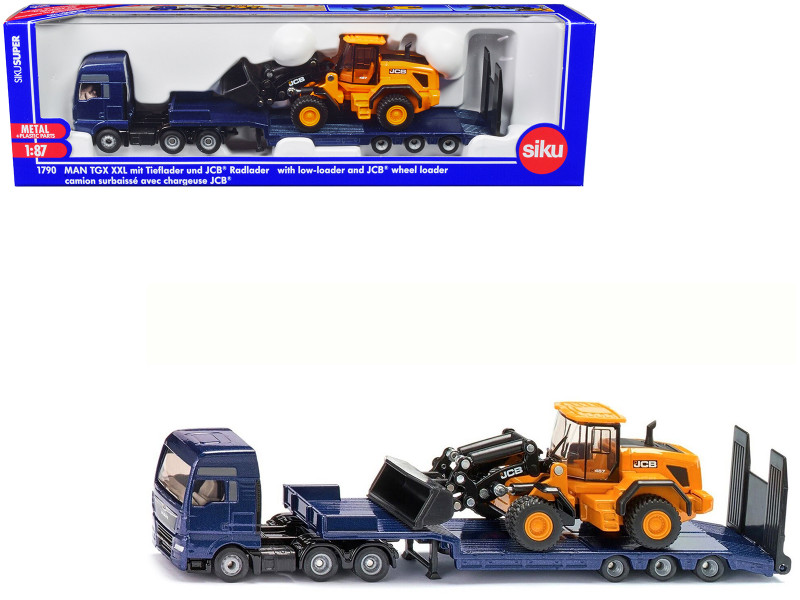 MAN Truck Blue Metallic with Low Loader Trailer and JCB 457 Wheel Loader Yellow 1/87 HO Diecast Model Siku 1790