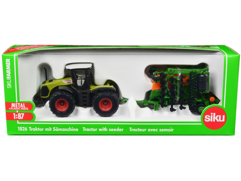 Claas Xerion 5000 Tractor Green with Gray Top and Amazone Cayena 6001 Seeder 1/87 HO Diecast Model Siku SK1826