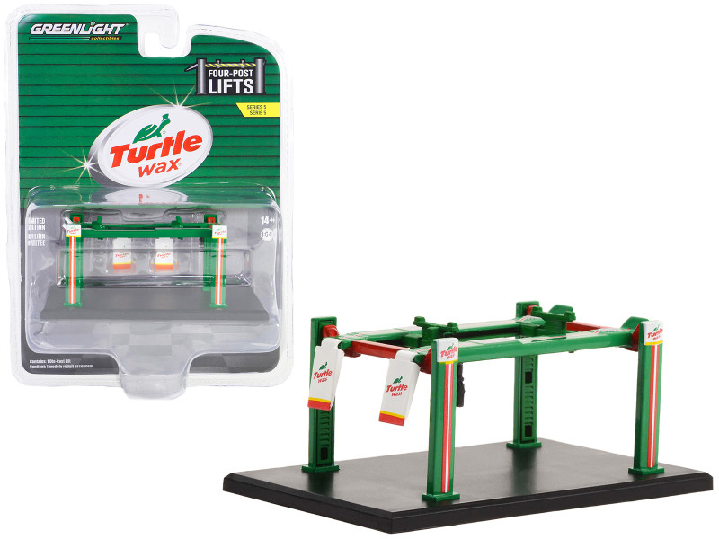 Adjustable Four Post Lift Turtle Wax Green and Red Four Post Lifts Series 5 1/64 Diecast Model Greenlight 16180C