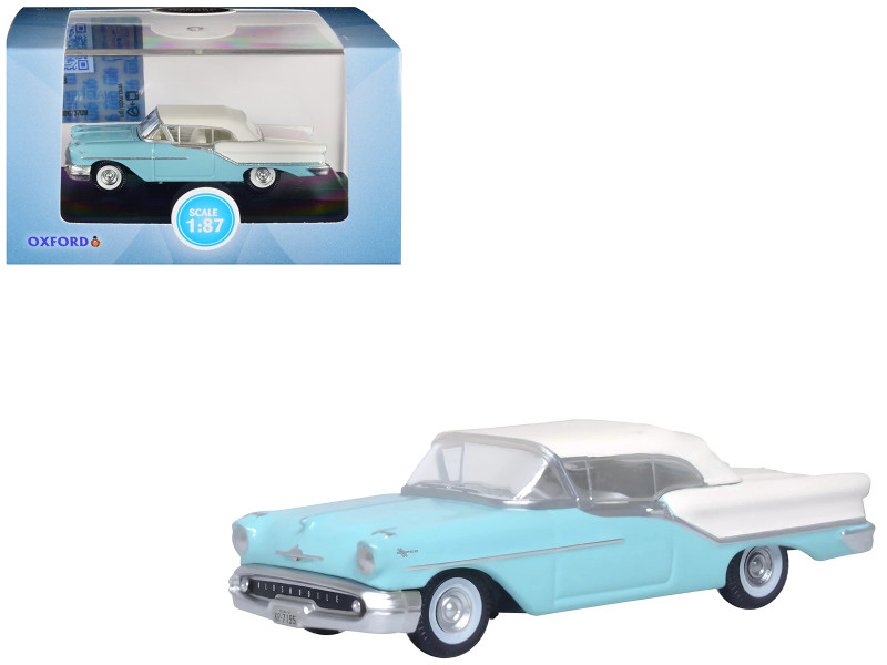 1957 Oldsmobile 88 Convertible Top Up Banff Blue and Alcan White with White 1/87 HO Scale Diecast Model Car Oxford Diecast 87OC57002