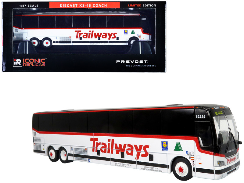 Prevost X3 45 Coach Bus Trailways Adirondack Transit Lines White with Red Stripes Limited Edition 1/87 HO Diecast Model Iconic Replicas 87-0477