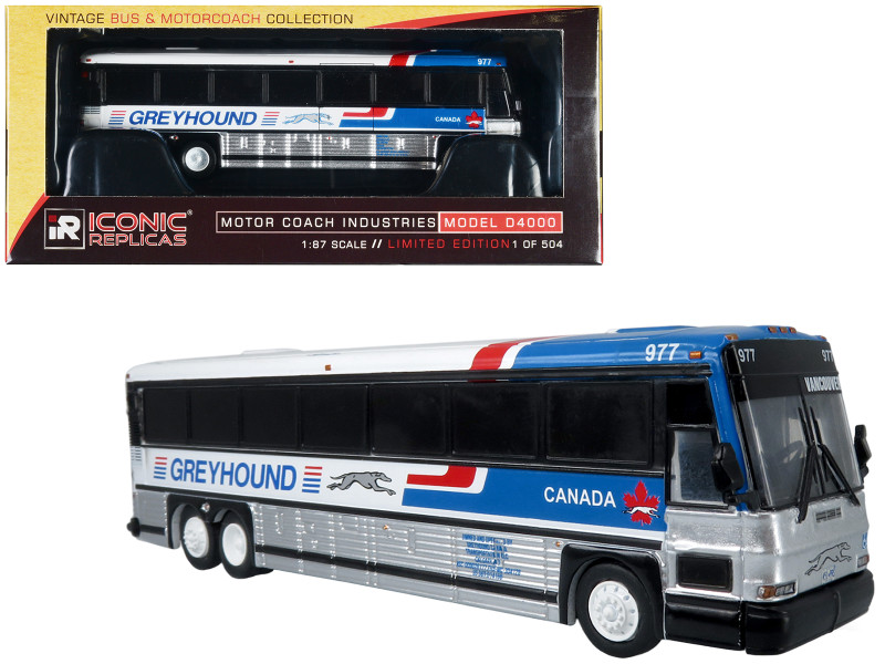 2001 MCI D4000 Coach Bus Greyhound Canada Blue and White with Red Stripes Vintage Bus & Motorcoach Collection Limited Edition to 504 pieces Worldwide 1/87 HO Diecast Model Iconic Replicas 87-0481