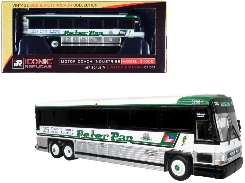 2001 MCI D4000 Coach Bus Peter Pan 25 Years of Tours to all of America White and Green Vintage Bus & Motorcoach Collection Limited Edition to 504 pieces Worldwide 1/87 HO Diecast Model Iconic Replicas 87-0484