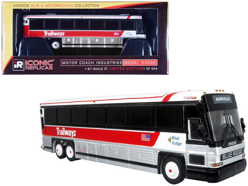 2001 MCI D4000 Coach Bus Trailways Blue Ridge White and Red Vintage Bus & Motorcoach Collection Limited Edition to 504 pieces Worldwide 1/87 HO Diecast Model Iconic Replicas 87-0485