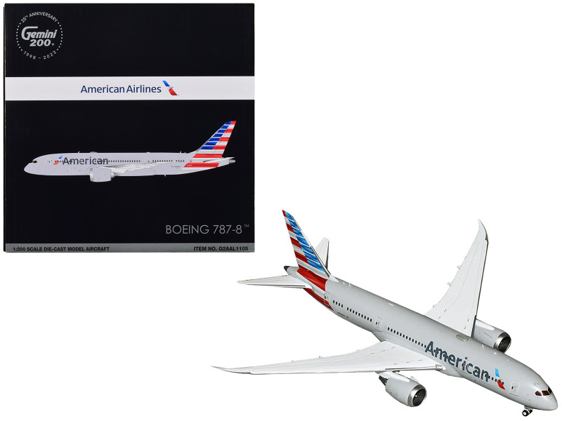 Boeing 787 8 Commercial Aircraft American Airlines Gray with Tail Stripes Gemini 200 Series 1/200 Diecast Model Airplane GeminiJets G2AAL1105