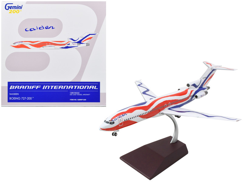 Boeing 727 200 Commercial Aircraft Braniff International Airways Calder Bicentennial Livery White with Red and Blue Stripes Gemini 200 Series 1/200 Diecast Model Airplane GeminiJets G2BNF1220