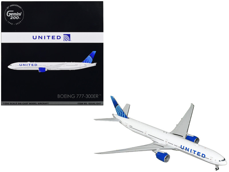 Boeing 777 300ER Commercial Aircraft United Airlines White with Blue Tail Gemini 200 Series 1/200 Diecast Model Airplane GeminiJets G2UAL1247