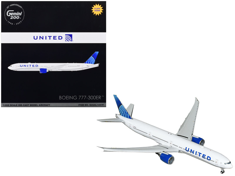 Boeing 777 300ER Commercial Aircraft with Flaps Down United Airlines White with Blue Tail Gemini 200 Series 1/200 Diecast Model Airplane GeminiJets G2UAL1247F