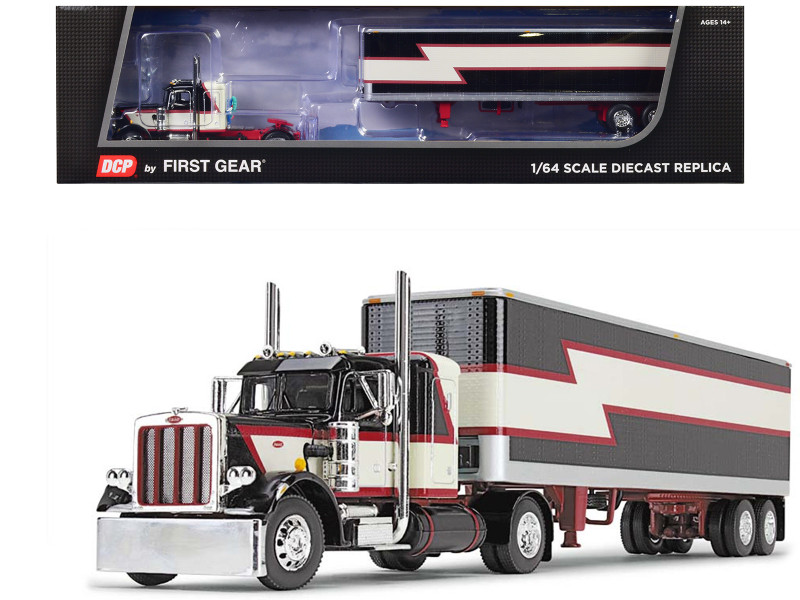 Peterbilt 359 with 36 Flat Top Sleeper and 40 Vintage Dry Goods Trailer Black with Cream and Red Stripes 1/64 Diecast Model DCP/First Gear 60-1683