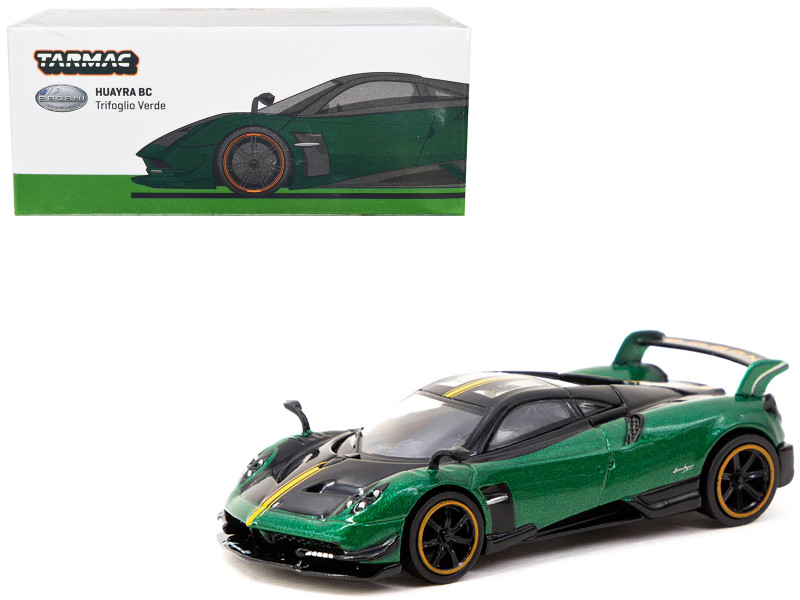 Pagani Huayra BC Trifoglio Verde Green Metallic and Black with Yellow Stripes Global64 Series 1/64 Diecast Model Tarmac Works T64G-TL014-GR