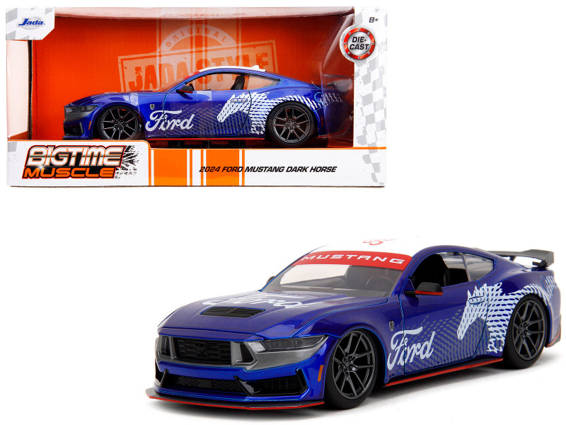 2024 Ford Mustang Dark House Candy Blue with White Top and Mustang Horse Graphics Bigtime Muscle Series 1/24 Diecast Model Car Jada 35419