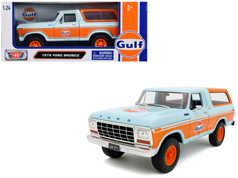1978 Ford Bronco Light Blue and Orange Gulf Oil Gulf Die Cast Collection 1/24 Diecast Model Car Motormax 79662GULF