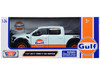 2017 Ford F 150 Raptor Pickup Truck Light Blue with Orange Stripes Gulf Oil Gulf Die Cast Collection 1/24 1/27 Diecast Model Car Motormax 79665GULF