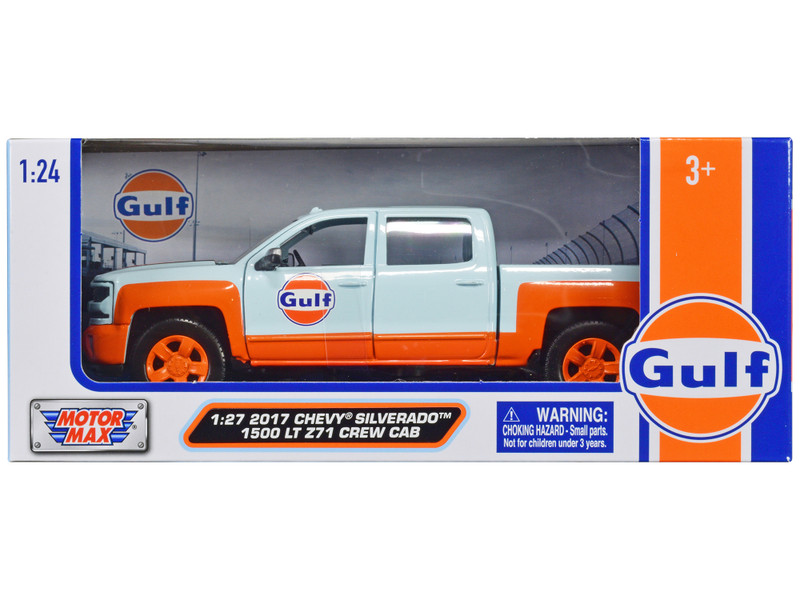 2017 Chevrolet Silverado 1500 LT Z71 Crew Cab Pickup Truck Light Blue with Orange Stripes Gulf Oil Gulf Die Cast Collection 1/24-1/27 Diecast Model Car Motormax 79666GULF
