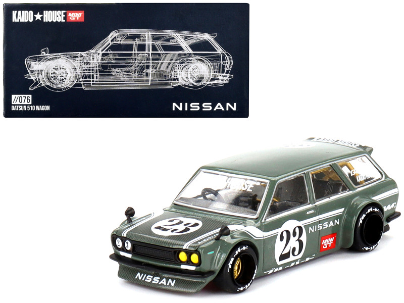 Datsun 510 Wagon V3 RHD Right Hand Drive Dark Green with Green Carbon Hood and Rear Gate Designed by Jun Imai Kaido House Special 1/64 Diecast Model Car True Scale Miniatures KHMG076