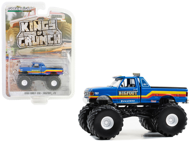 1990 Ford F 350 Monster Truck Blue with Red and Yellow Stripes Bigfoot #9 Kings of Crunch Series 14 1/64 Diecast Model Car Greenlight 49140D
