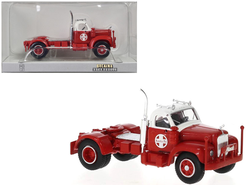 1953 Mack B 61 Truck Tractor Red and White Santa Fe 1/87 HO Scale Model Car Brekina BRE85980