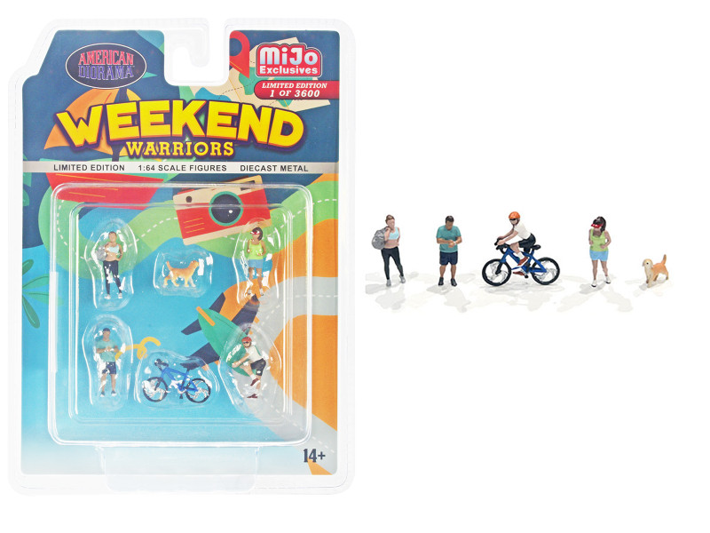 Weekend Warriors 6 piece Diecast Figure Set 4 Figures 1 Dog 1 Bicycle Limited Edition to 2400 pieces Worldwide for 1/64 Scale Models American Diorama AD-2402MJ