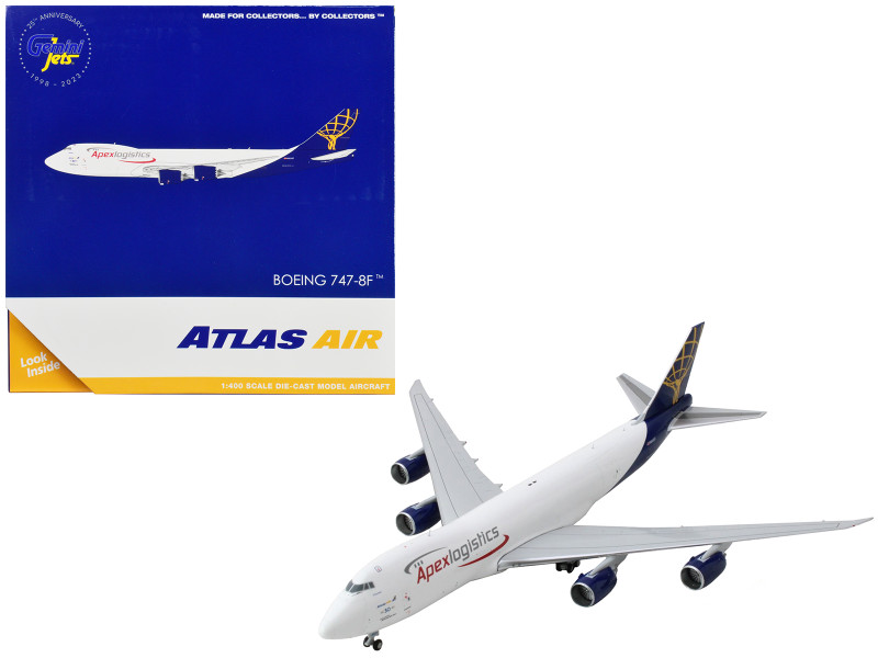 Boeing 747 8F Commercial Aircraft Atlas Air Apex Logistics White with Blue Tail 1/400 Diecast Model Airplane GeminiJets GJ2204