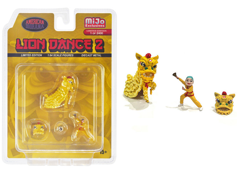 Lion Dance 2 4 piece Diecast Figure Set 1 Figures 1 Lion 2 Accessories Limited Edition to 2400 pieces Worldwide for 1/64 Scale Models American Diorama AD-2404MJ