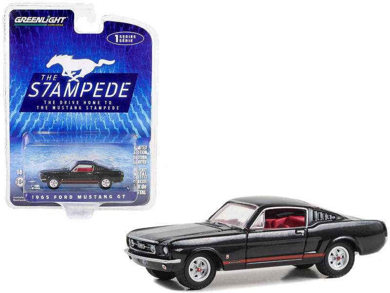 Diecast 1969 Ford Mustang GT Raven Black with White Stripes and Gold  Interior 1/18 Diecast Model Car by Auto World 