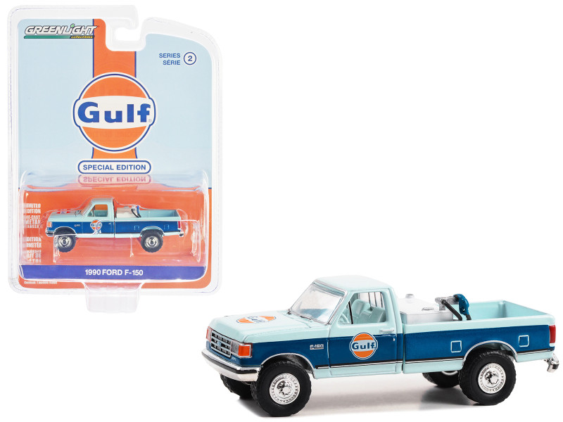 1990 Ford F 150 Pickup Truck with Fuel Transfer Tank Light Blue and Blue with Light Blue Interior Gulf Oil Special Edition Series 2 1/64 Diecast Model Car Greenlight 41145E
