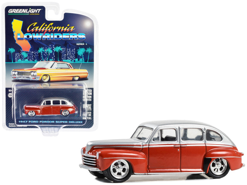 1947 Ford Fordor Super Deluxe Lowrider Red and Silver Metallic California Lowriders Series 4 1/64 Diecast Model Car Greenlight 63050A