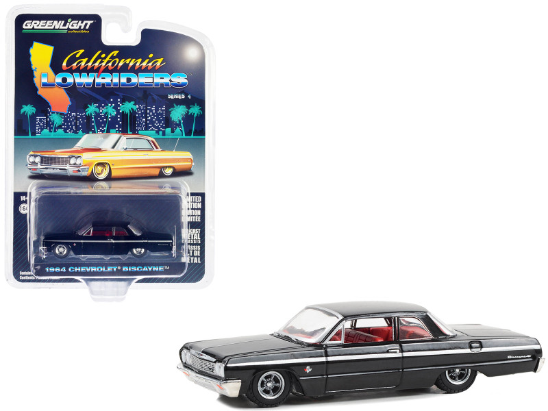1964 Chevrolet Biscayne Lowrider Black with Red Interior California Lowriders Series 4 1/64 Diecast Model Car Greenlight 63050D