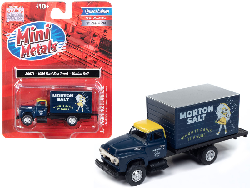 1954 Ford Box Truck Dark Blue with Yellow Top Morton Salt Mini Metals Series 1/87 HO Scale Model Car Classic Metal Works 30671