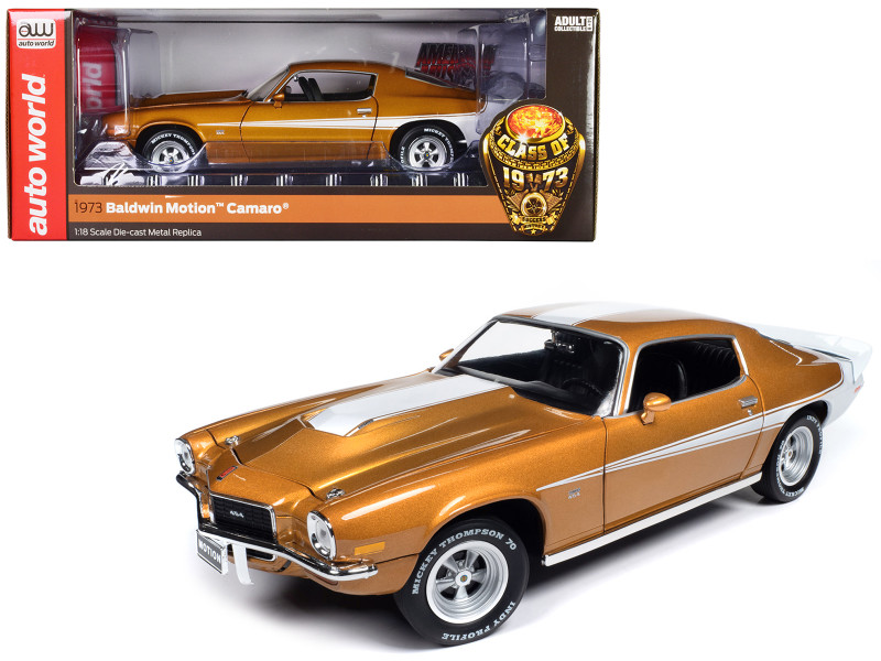 1973 Chevrolet Camaro Baldwin Motion Light Copper Metallic with White Stripes Class of 1973 American Muscle Series 1/18 Diecast Model Car Auto World AMM1321