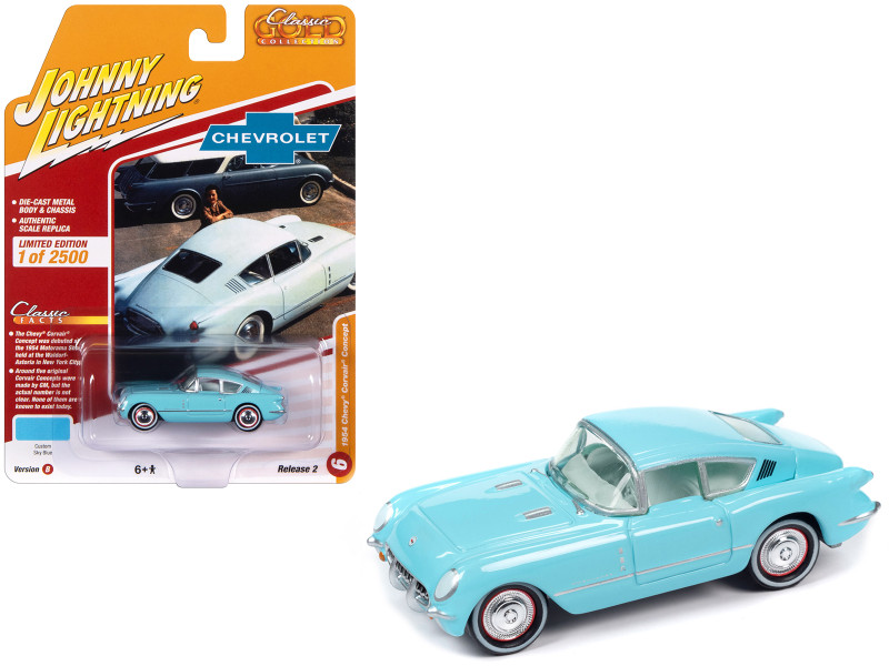1954 Chevrolet Corvair Concept Car Sky Blue with Light Blue Interior Classic Gold Collection 2023 Release 2 Limited Edition to 2500 pieces Worldwide 1/64 Diecast Model Car Johnny Lightning JLCG032-JLSP358B