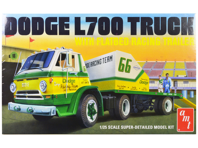 Skill 3 Model Kit 1966 Dodge L700 Truck with Flatbed Racing Trailer 1/25 Scale Model AMT AMT1368