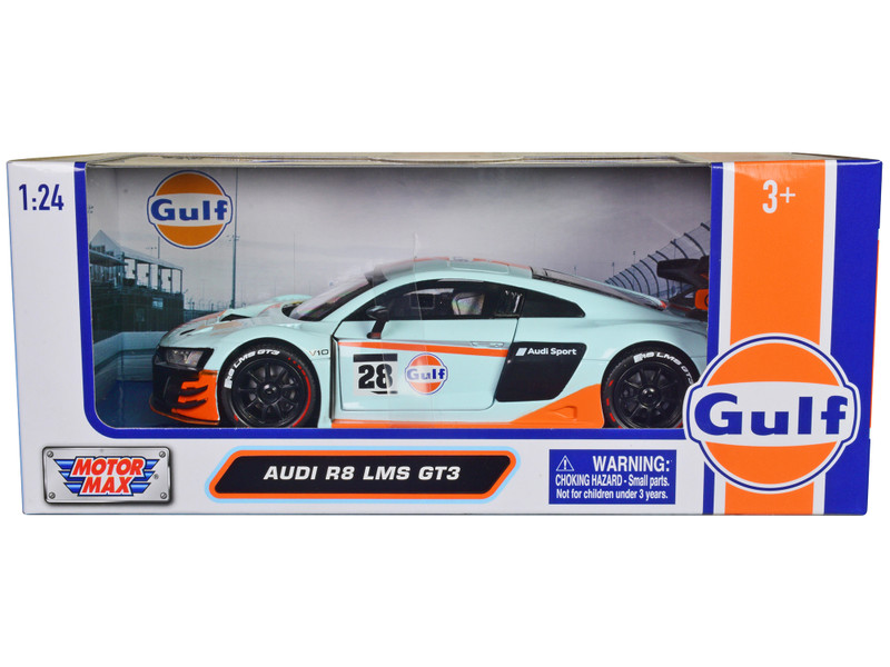 Audi R8 LMS GT3 #28 Light Blue with Orange Stripes Gulf Oil Gulf Die Cast Collection 1/24 Diecast Model Car Motormax 79667GULF