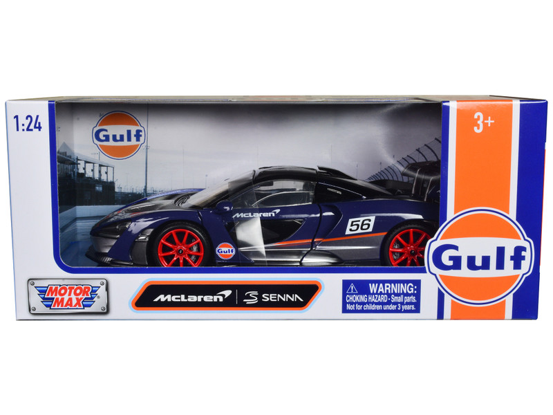 McLaren Senna #56 Dark Blue and Silver with Orange Stripes Gulf Oil Gulf Die Cast Collection 1/24 Diecast Model Car Motormax 79668GULF