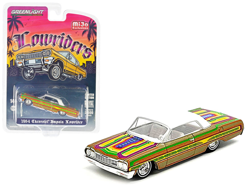 1964 Chevrolet Impala Lowrider Gold Metallic with Graphics and White Top and Interior Lowriders Series Limited Edition to 3600 pieces Worldwide 1/64 Diecast Model Car Greenlight 51551