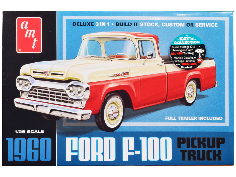 Skill 2 Model Kit 1960 Ford F 100 Pickup Truck with Trailer 3 in 1 Kit 1/25 Scale Model AMT AMT1407