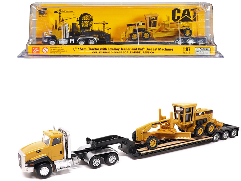 CAT Caterpillar CT660 Day Cab Tractor Yellow with Lowboy Trailer and CAT 163H Motor Grader Yellow 1/87 HO Diecast Model Diecast Masters 84414