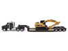 Kenworth T880 SBFS Sleeper Tandem Tractor Black with Lowboy Trailer and CAT 320D L Hydraulic Excavator Yellow 1/87 HO Diecast Model Diecast Masters 84420