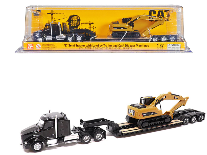 Kenworth T880 SBFS Sleeper Tandem Tractor Black with Lowboy Trailer and CAT 320D L Hydraulic Excavator Yellow 1/87 HO Diecast Model Diecast Masters 84420