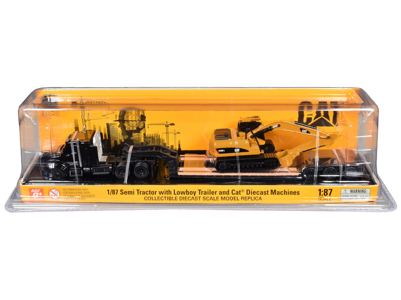 Kenworth T880 SBFS Sleeper Tandem Tractor Black with Lowboy Trailer and CAT 320D L Hydraulic Excavator Yellow 1/87 HO Diecast Model Diecast Masters 84420