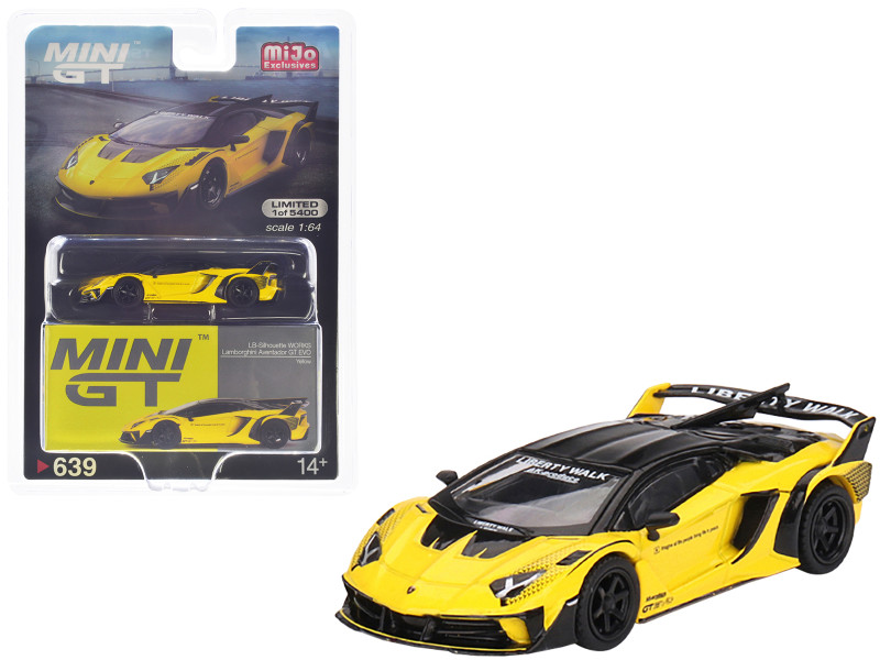 Lamborghini Aventador GT EVO Yellow and Black LB Silhouette Works Limited Edition to 5400 pieces Worldwide 1/64 Diecast Model Car True Scale Miniatures MGT00639